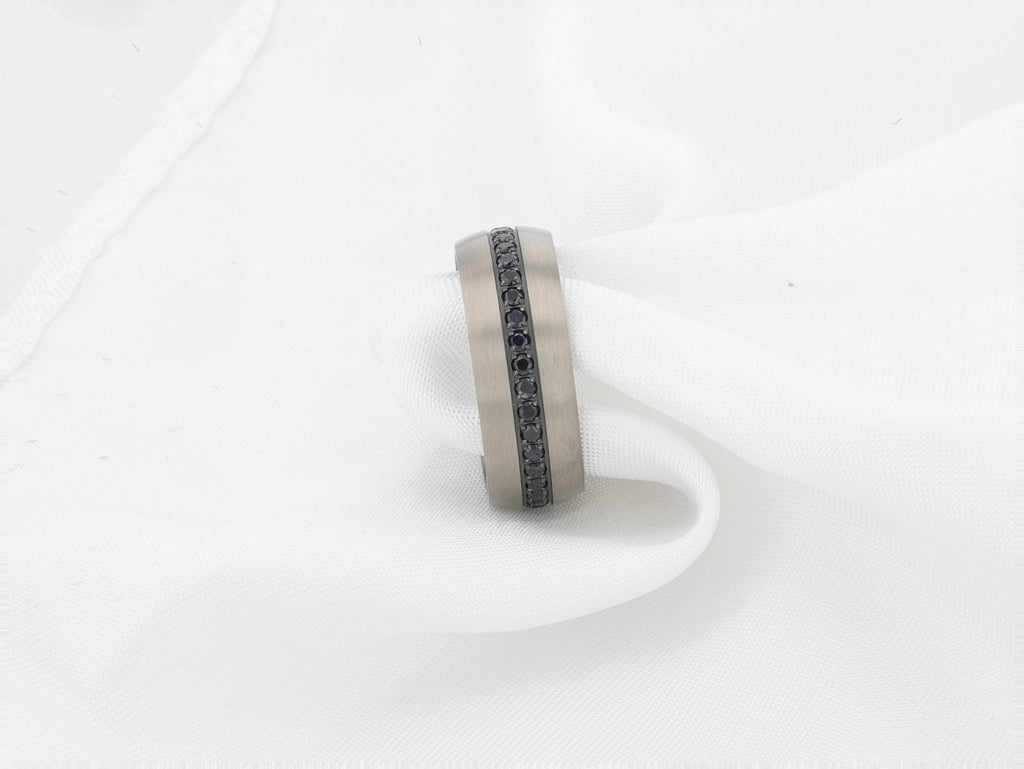 AVIATOR Domed Brushed Titanium Men's Wedding Band with Black Sapphire Stones Inlay - 8mm