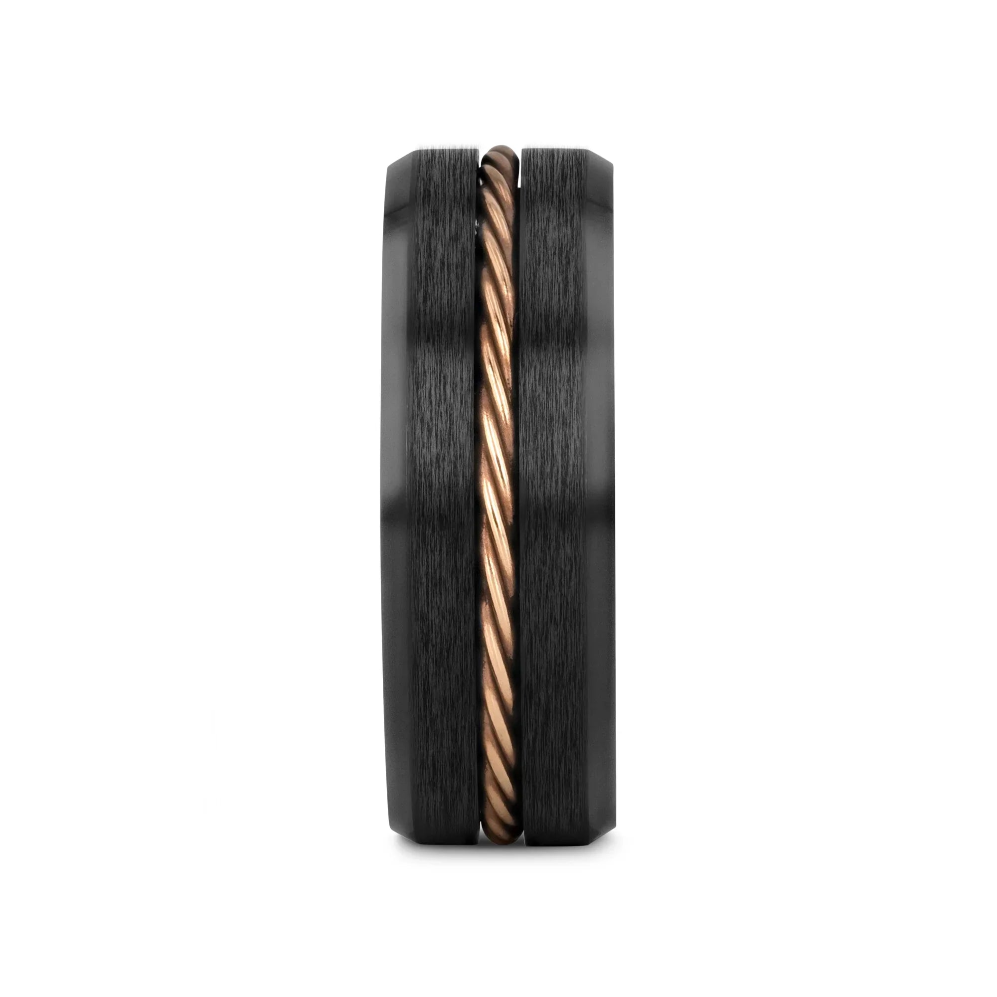 ADELARD Rose Gold Braided Cable Black Tungsten Men’s Wedding Band, Brushed Center with Polished Beveled Edges – 8mm
