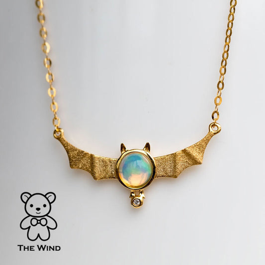Bat Design Australian Solid Opal & Diamond Necklace 18K Yellow Gold