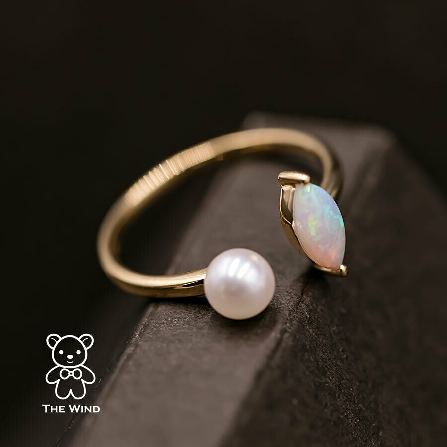 Australian Solid Opal with Akoya Pearl Open Adjustable Ring 18K Yellow Gold