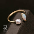 Australian Solid Opal with Akoya Pearl Open Adjustable Ring 18K Yellow Gold
