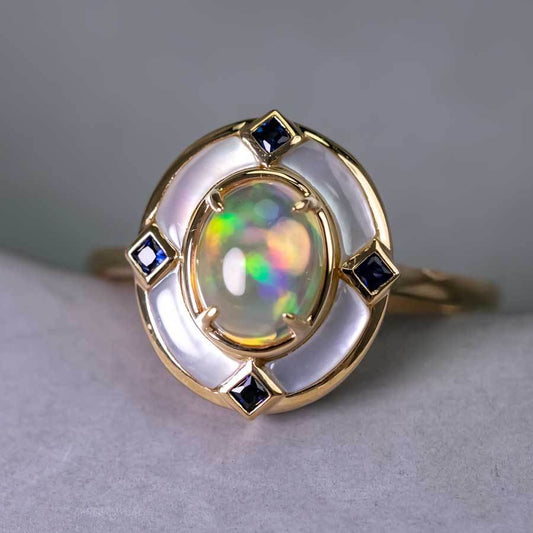 Top Fire Opal Art Deco Style Sapphire Engagement Ring 18K Yellow Gold