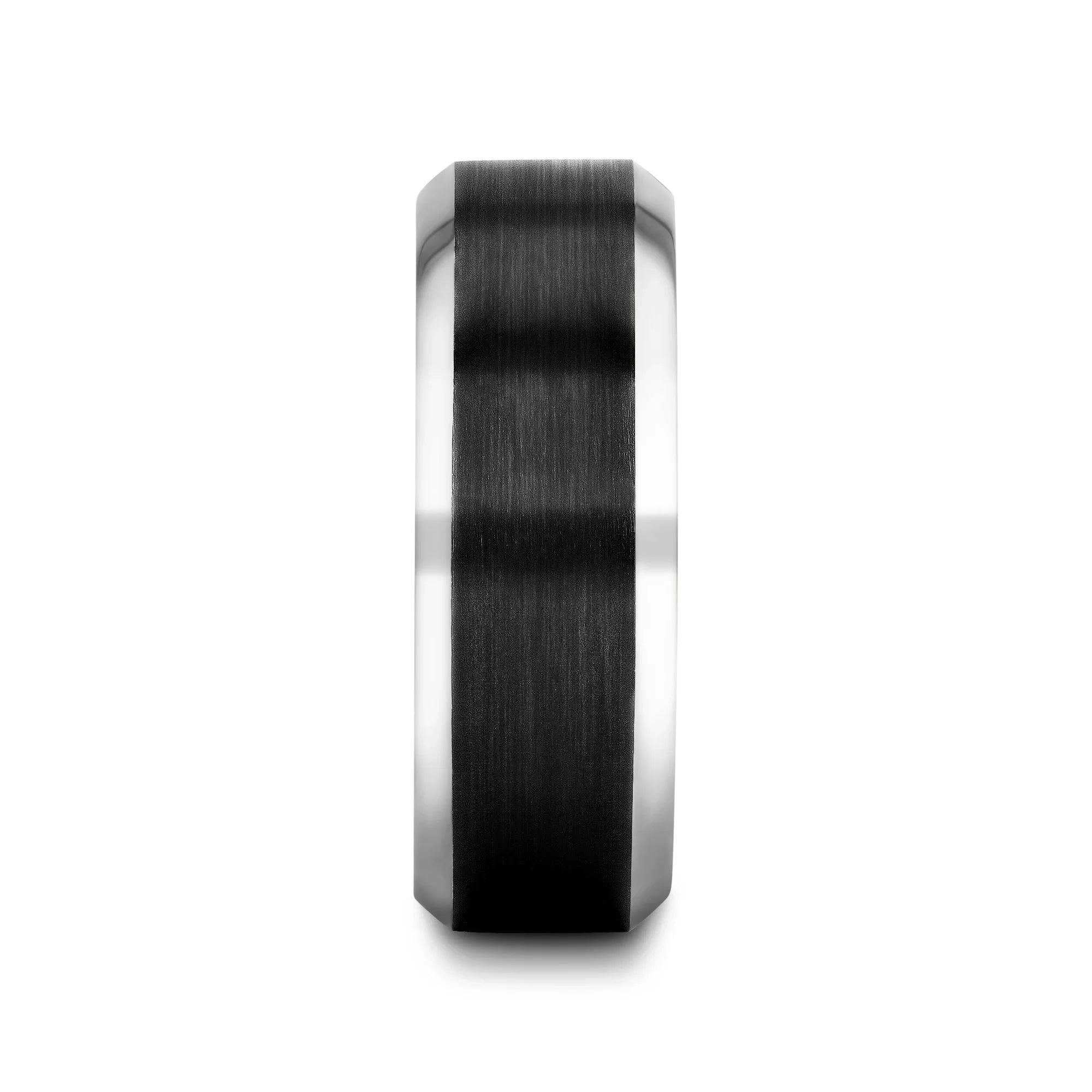 ATNOS Men’s Black Titanium Wedding Ring with Brushed Center and Polished Beveled Edges — 6mm & 8mm