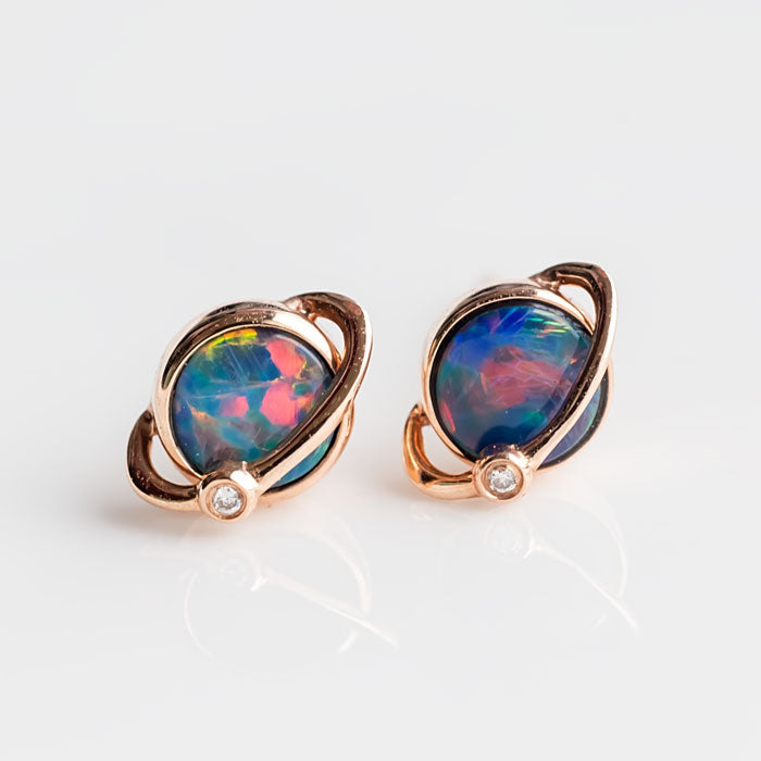 Earth Moon Design Australian Doublet Opal & Diamond Stud Earrings 18K Rose Gold