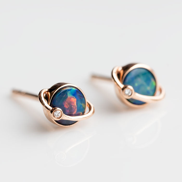 Earth Moon Design Australian Doublet Opal & Diamond Stud Earrings 18K Rose Gold