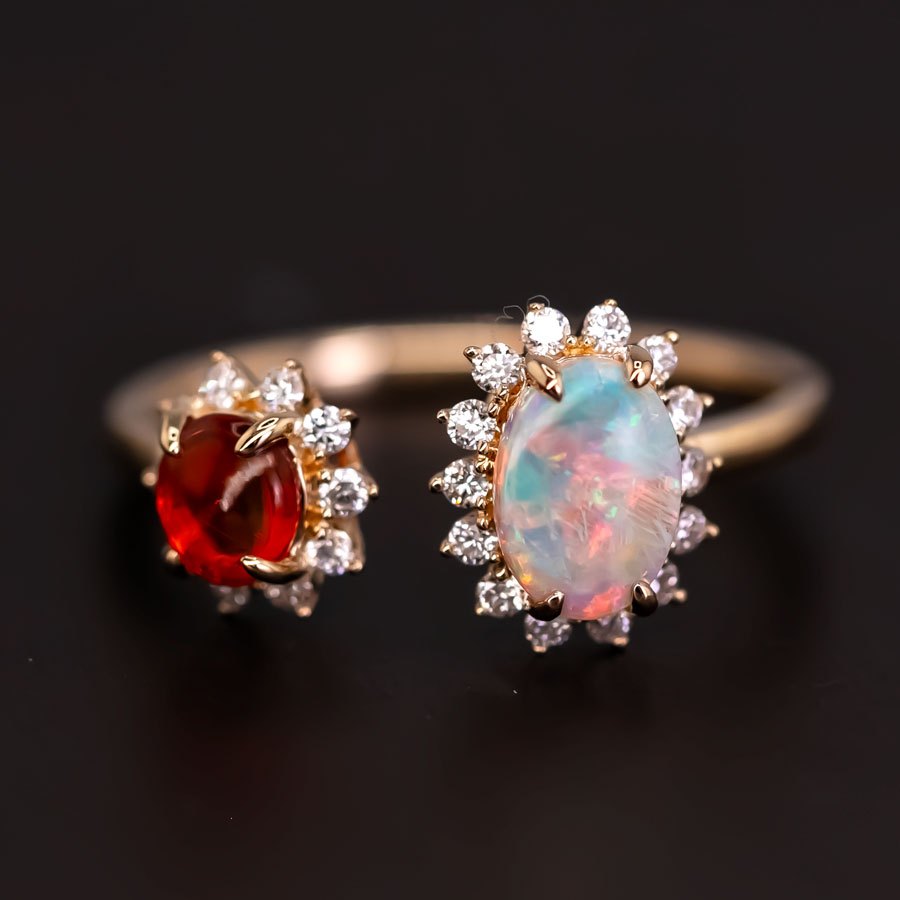 Australian Opal & Fire Opal Halo Diamond Engagement Ring 18K Gold