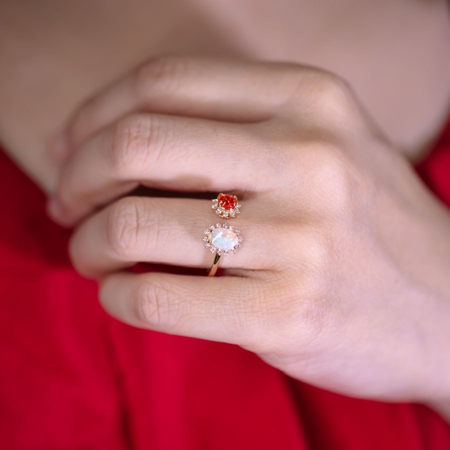 Australian Opal & Fire Opal Halo Diamond Engagement Ring 18K Gold