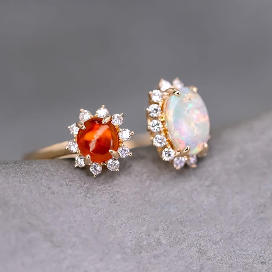 Australian Opal & Fire Opal Halo Diamond Engagement Ring 18K Gold