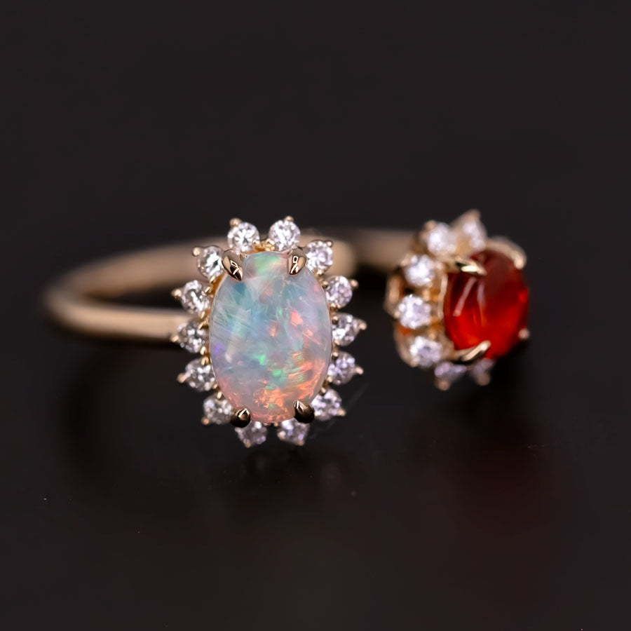 Australian Opal & Fire Opal Halo Diamond Engagement Ring 18K Gold