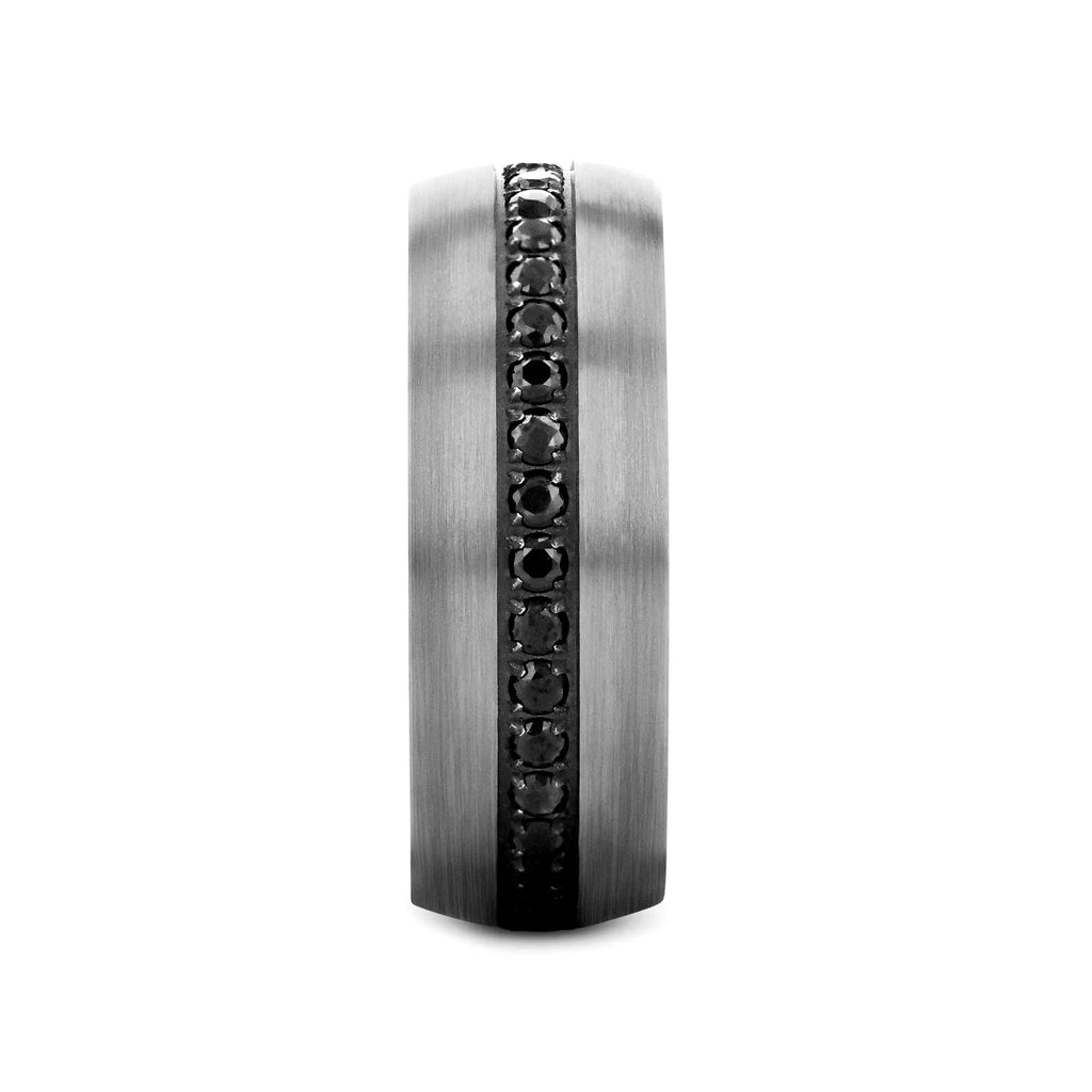 AVIATOR Domed Brushed Titanium Men's Wedding Band with Black Sapphire Stones Inlay - 8mm
