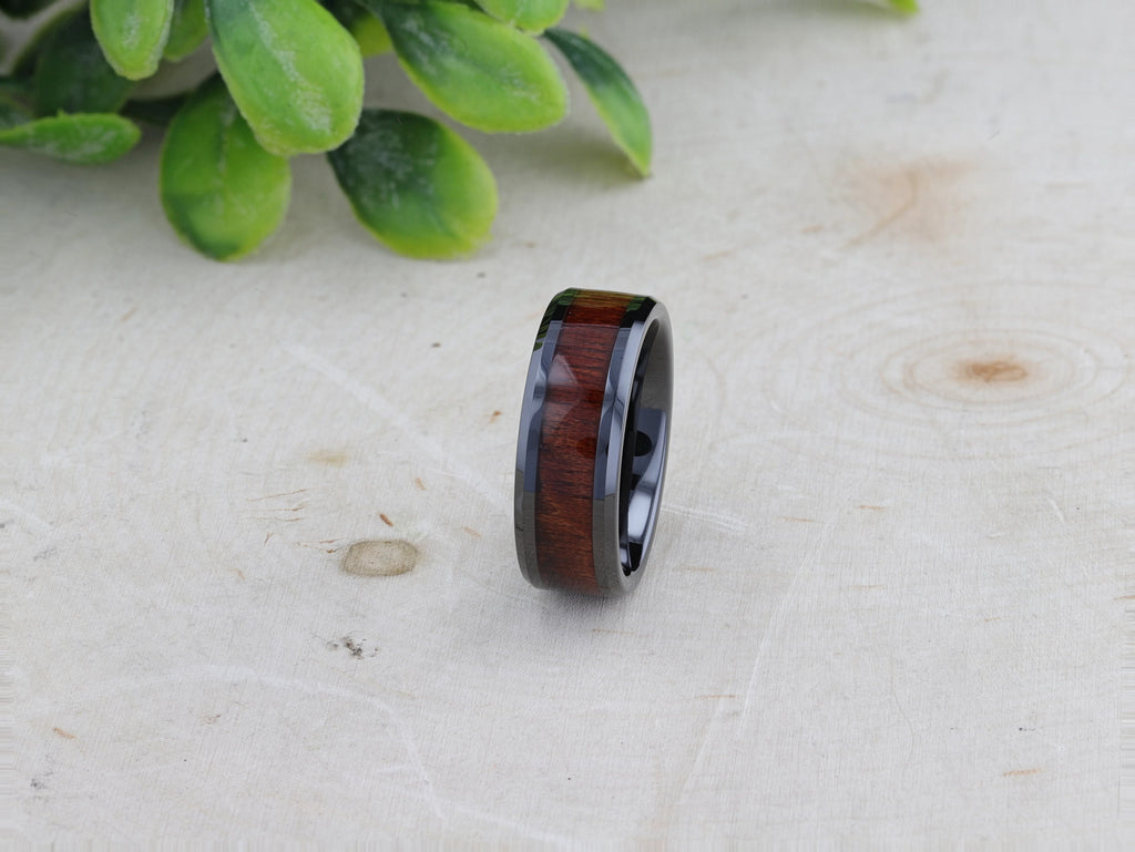 BENNY Black Ceramic Polished Beveled Edges Men’s Wedding Band with Bubinga Wood Inlay - 8mm