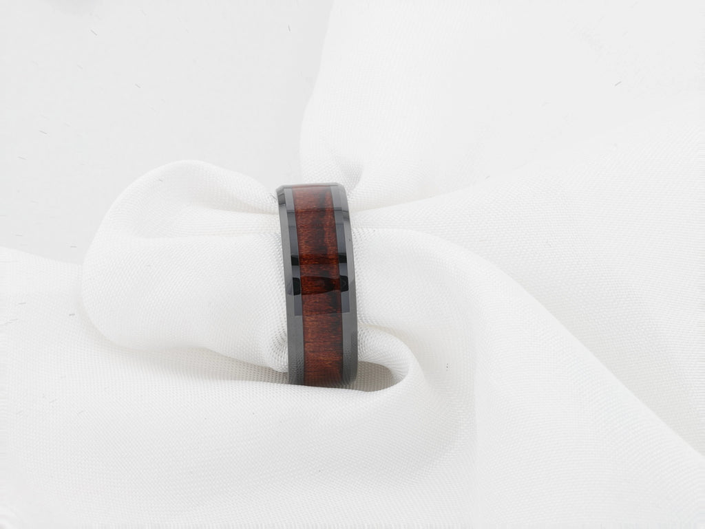 BENNY Black Ceramic Polished Beveled Edges Men’s Wedding Band with Bubinga Wood Inlay - 8mm