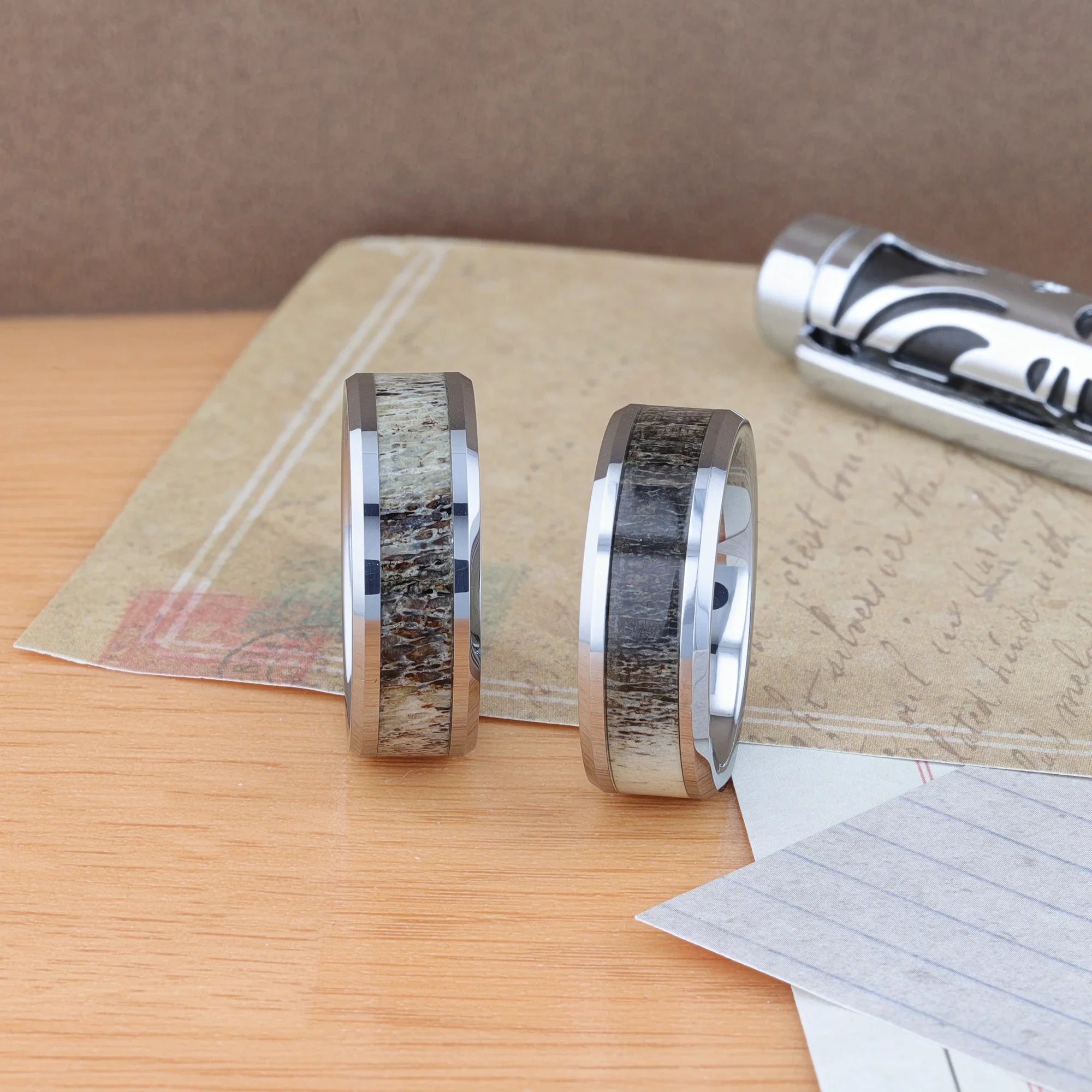 BUCK Polished Beveled Tungsten Carbide Men's Wedding Band with Ombre Deer Antler Inlay - 6mm & 8mm