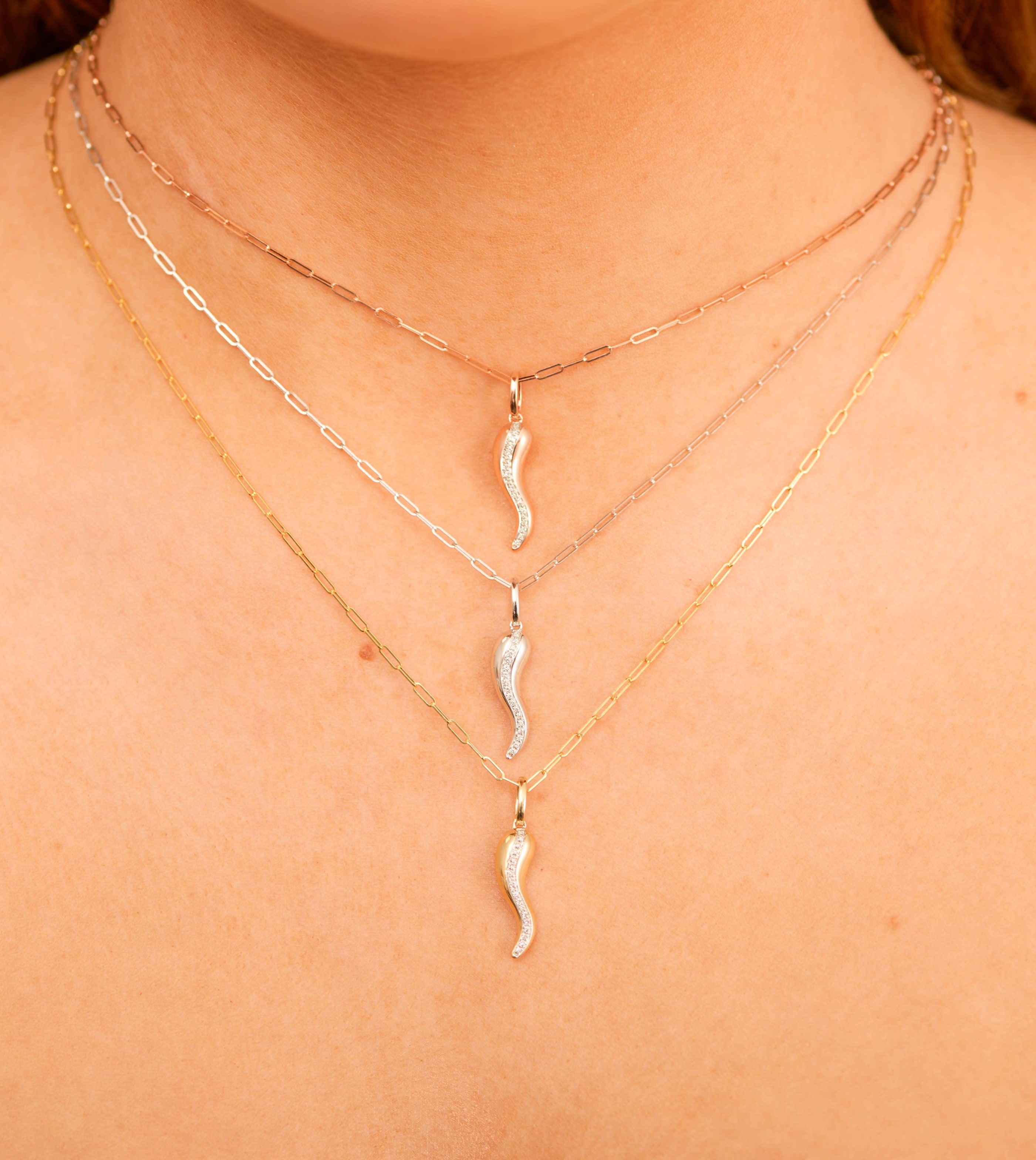 Diamond Line Italian Horn Cornicello Necklace