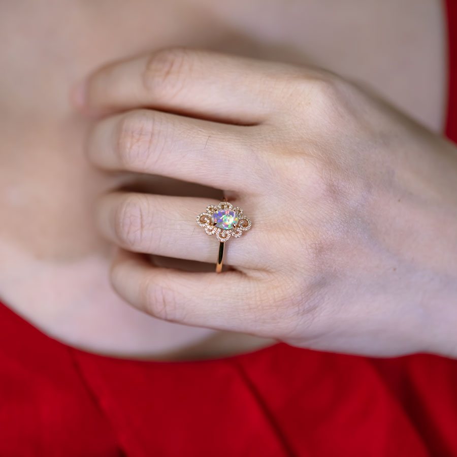 Beauty of Swirls - Fire Opal Diamond Engagement Ring 18K Yellow Gold
