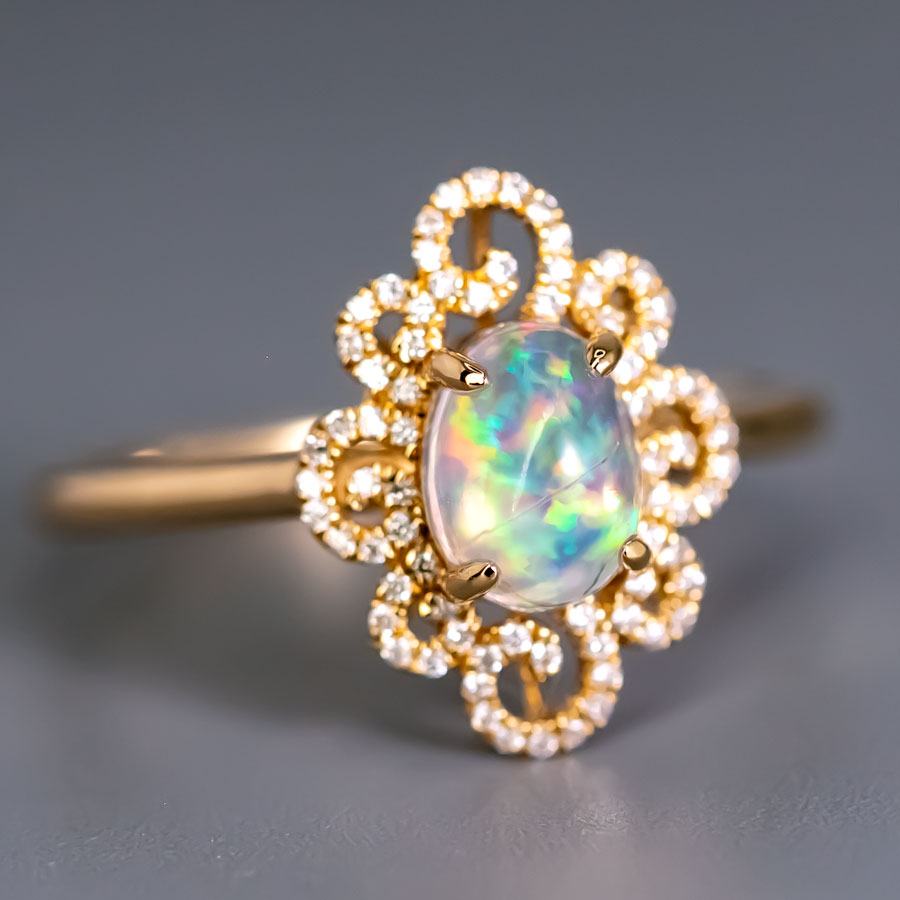 Beauty of Swirls - Fire Opal Diamond Engagement Ring 18K Yellow Gold