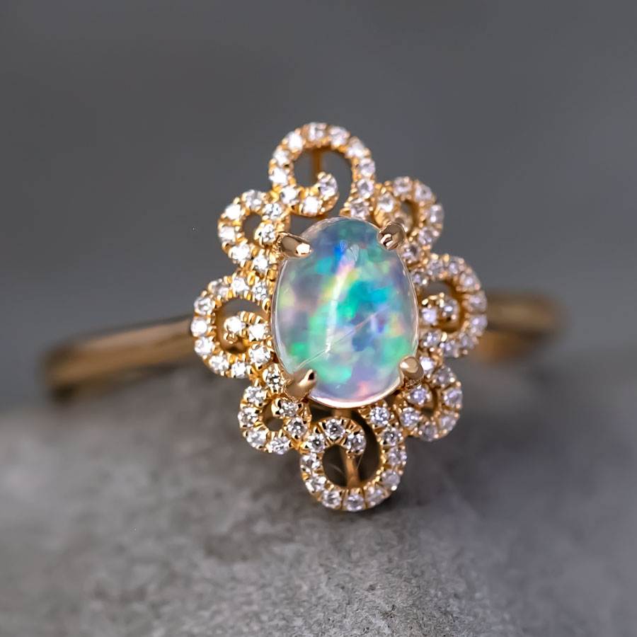 Beauty of Swirls - Fire Opal Diamond Engagement Ring 18K Yellow Gold