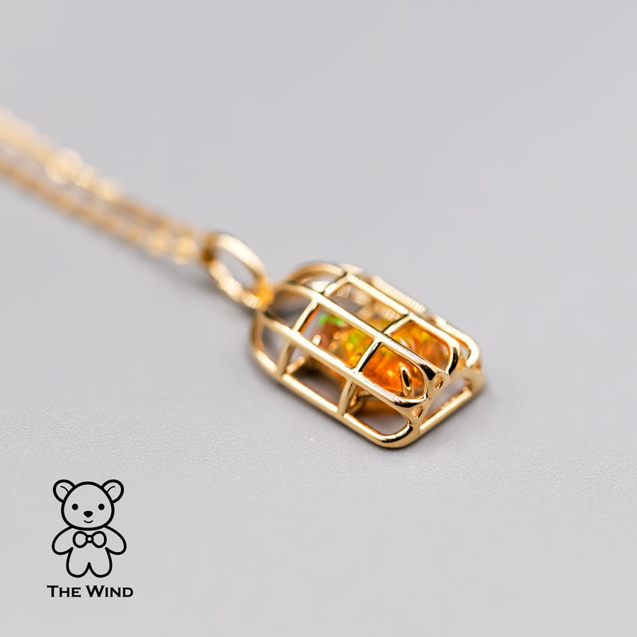 Bird Cage Mexican Fire Opal Necklace Pendant 14K Yellow Gold