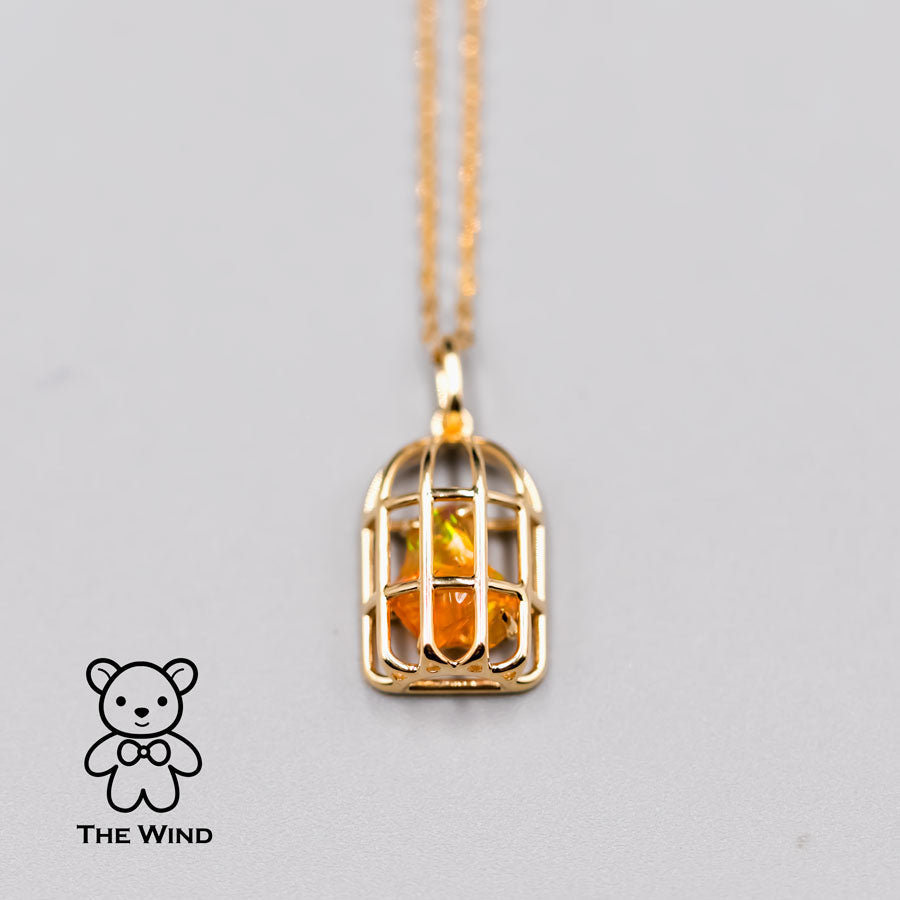 Bird Cage Mexican Fire Opal Necklace Pendant 14K Yellow Gold