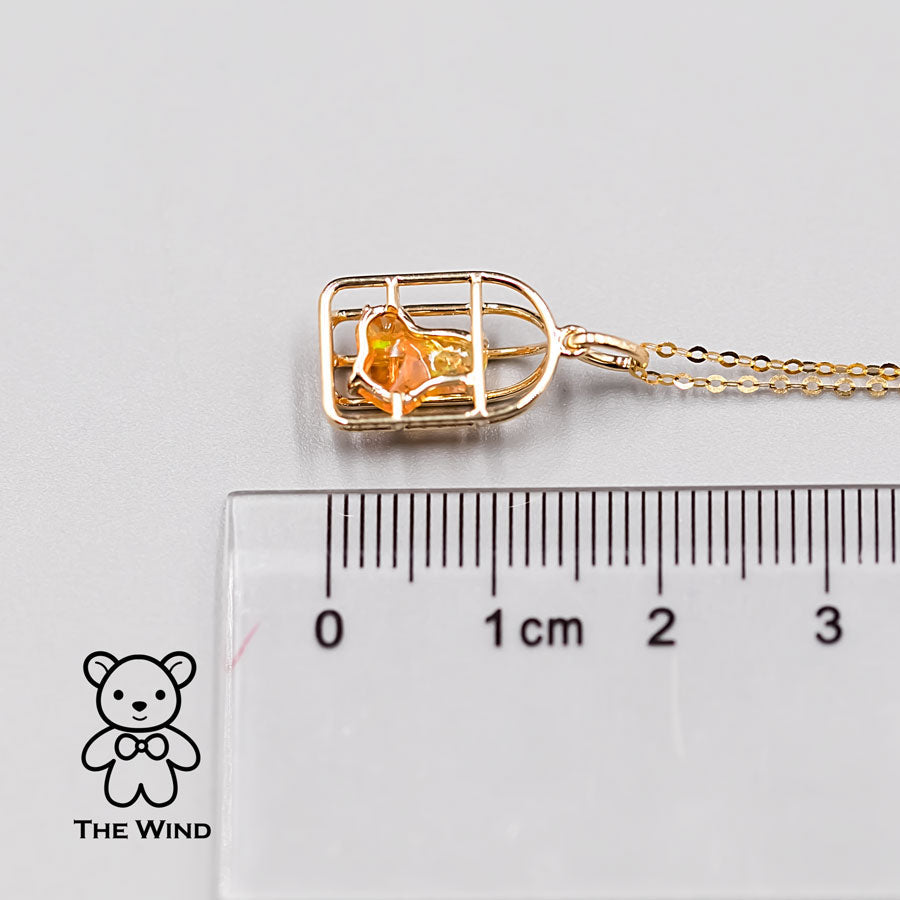 Bird Cage Mexican Fire Opal Necklace Pendant 14K Yellow Gold