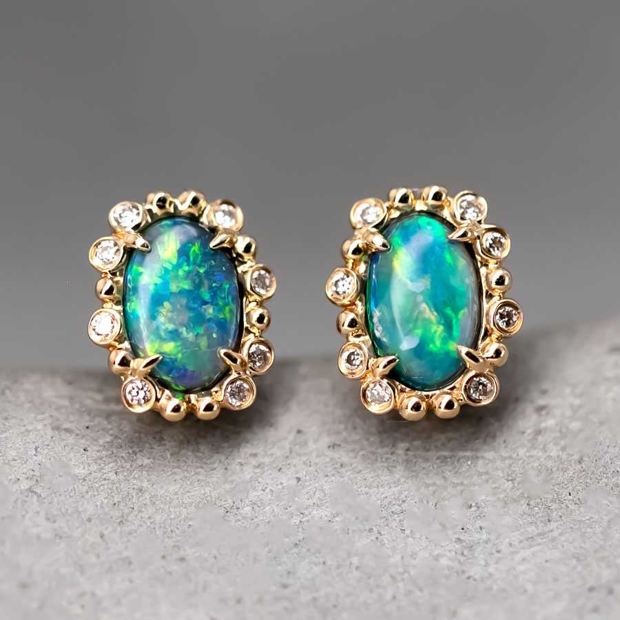 Australian Black Opal & Halo Diamond Stud Earrings 18k Yellow Gold
