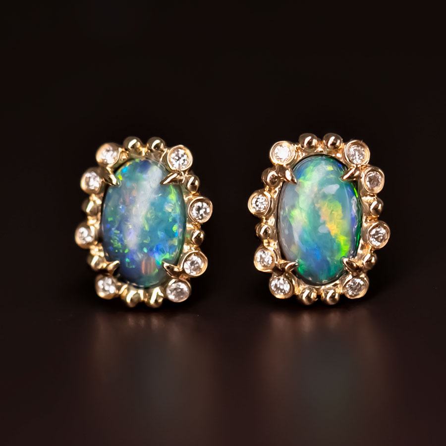 Australian Black Opal & Halo Diamond Stud Earrings 18k Yellow Gold
