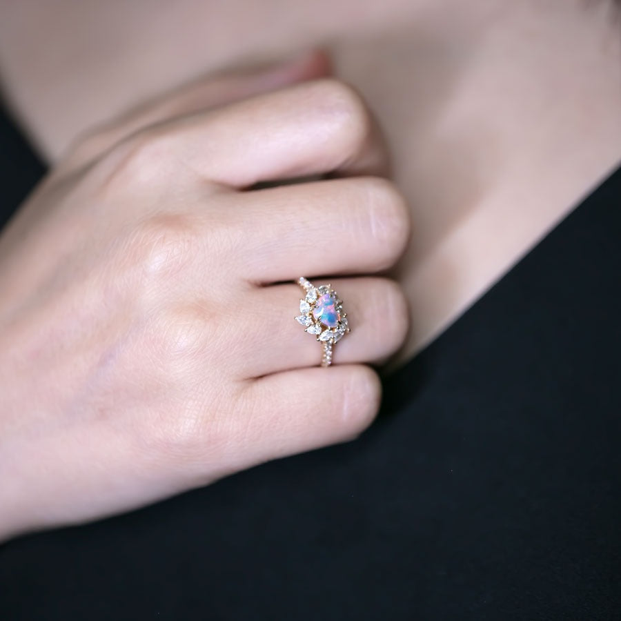 La Fiesta - Lightning Ridge Black Opal & Halo Pear Diamond Engagement Wedding Ring 18K Yellow Gold