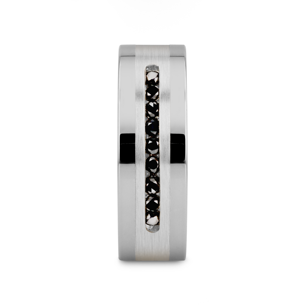 BLACKSTONE Flat Tungsten Wedding Band with Brushed Silver Inlay Center and 9 Channel Set Black Diamonds - 8mm