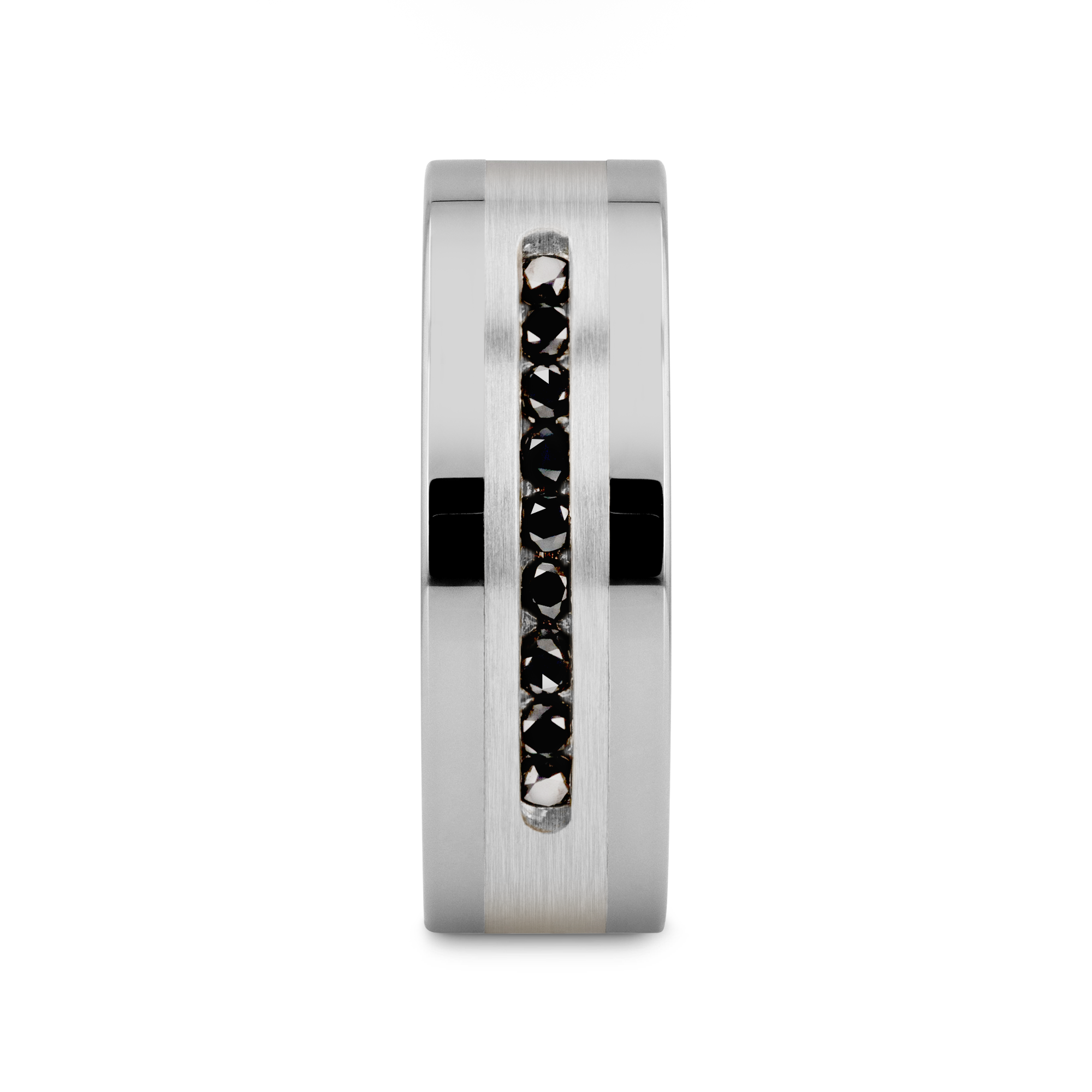 BLACKSTONE Flat Tungsten Wedding Band with Brushed Silver Inlay Center and 9 Channel Set Black Diamonds - 8mm