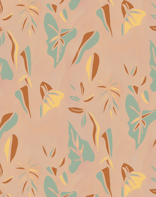 Block Print Foliage Wallpaper, peach and mint