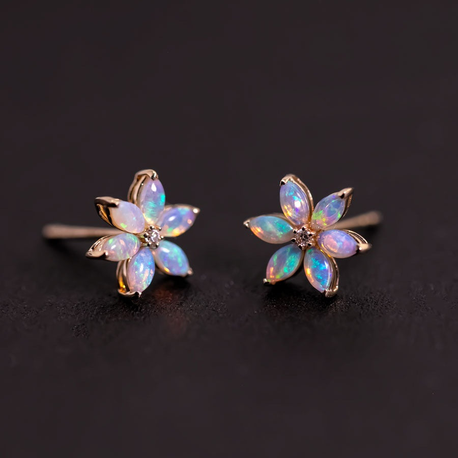 Blossom Stud Earrings Solid Opal 14K Gold Diamond Accents