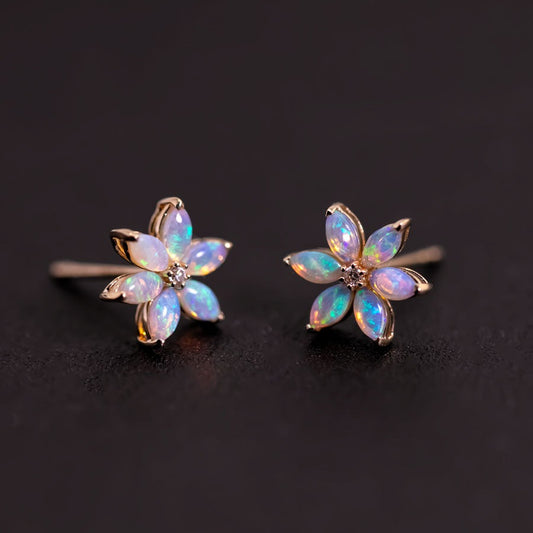 Blossom Stud Earrings Solid Opal 14K Gold Diamond Accents