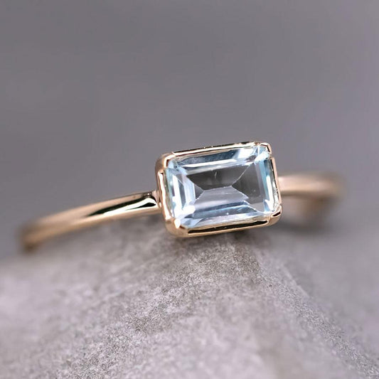 Natural Blue Topaz Wedding Band 14K Yellow Gold Ring