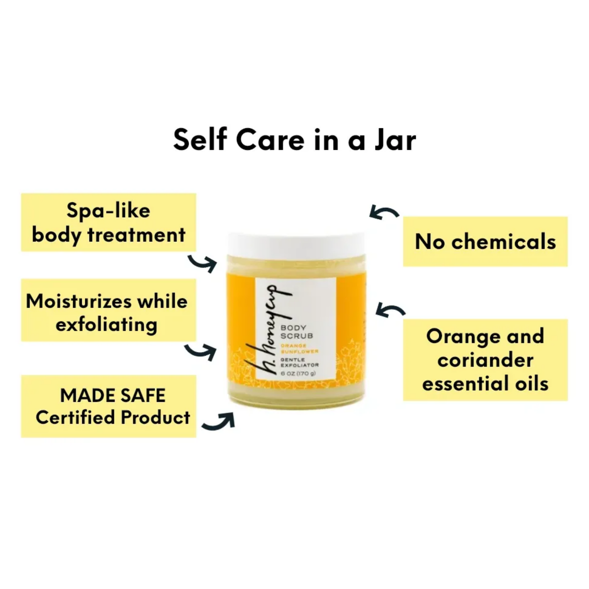 Body scrub image with product highlights like orange essential oils and no chemicals