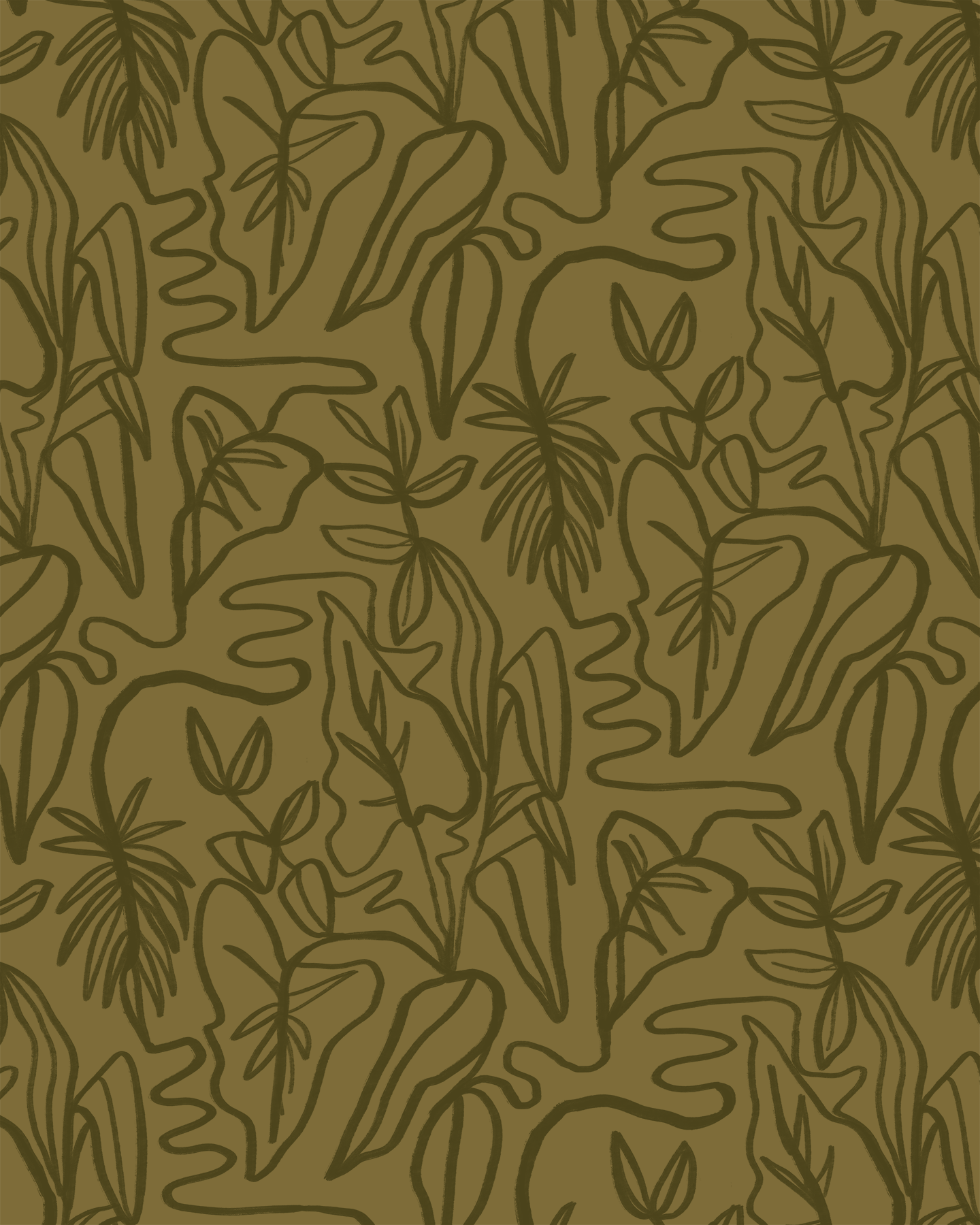 Inked Foliage Wallpaper, olive green