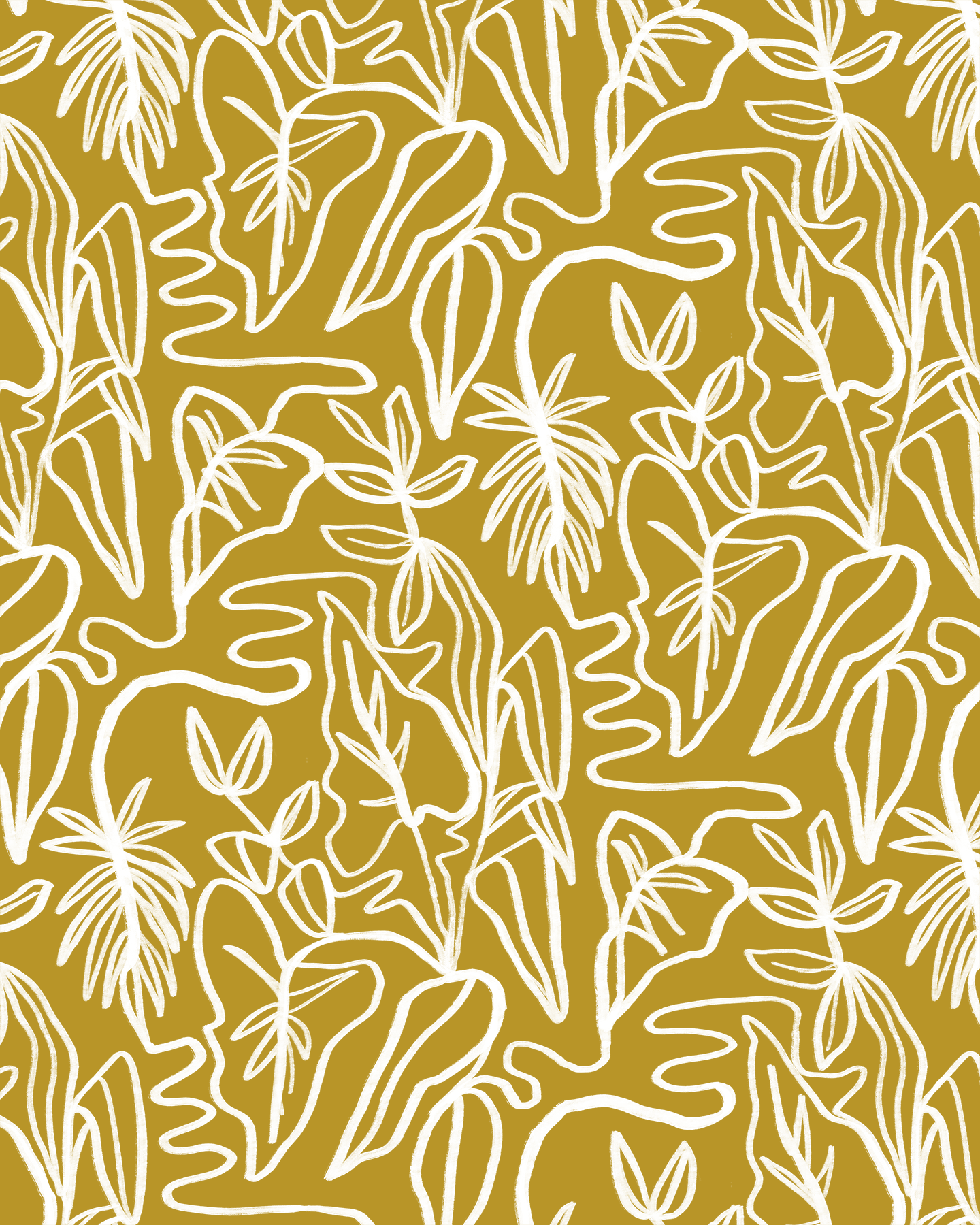 Inked Foliage Wallpaper, mustard and white