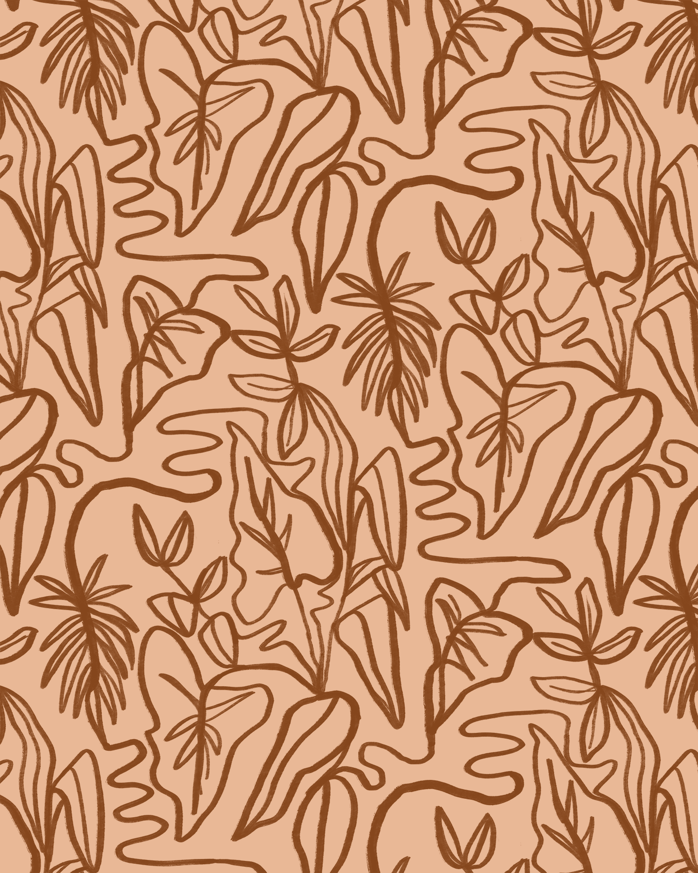 Inked Foliage Wallpaper, peach and rust