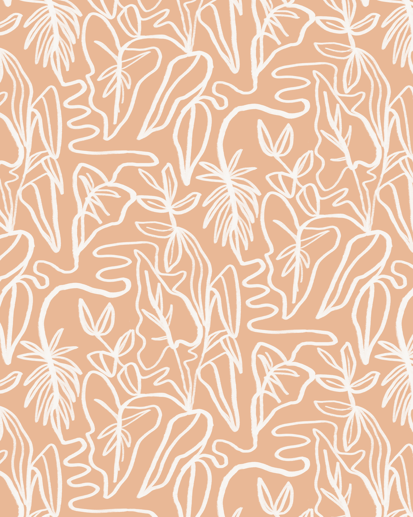 Inked Foliage Wallpaper, peach and white