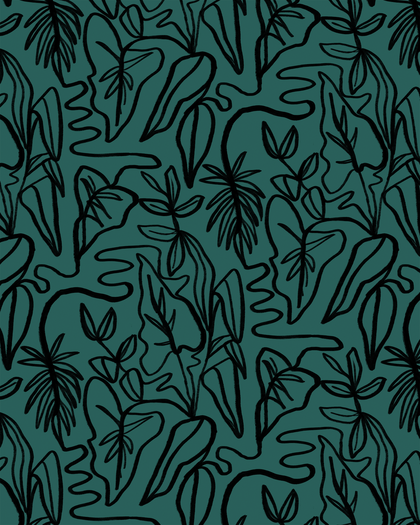 Inked Foliage Wallpaper, teal and black