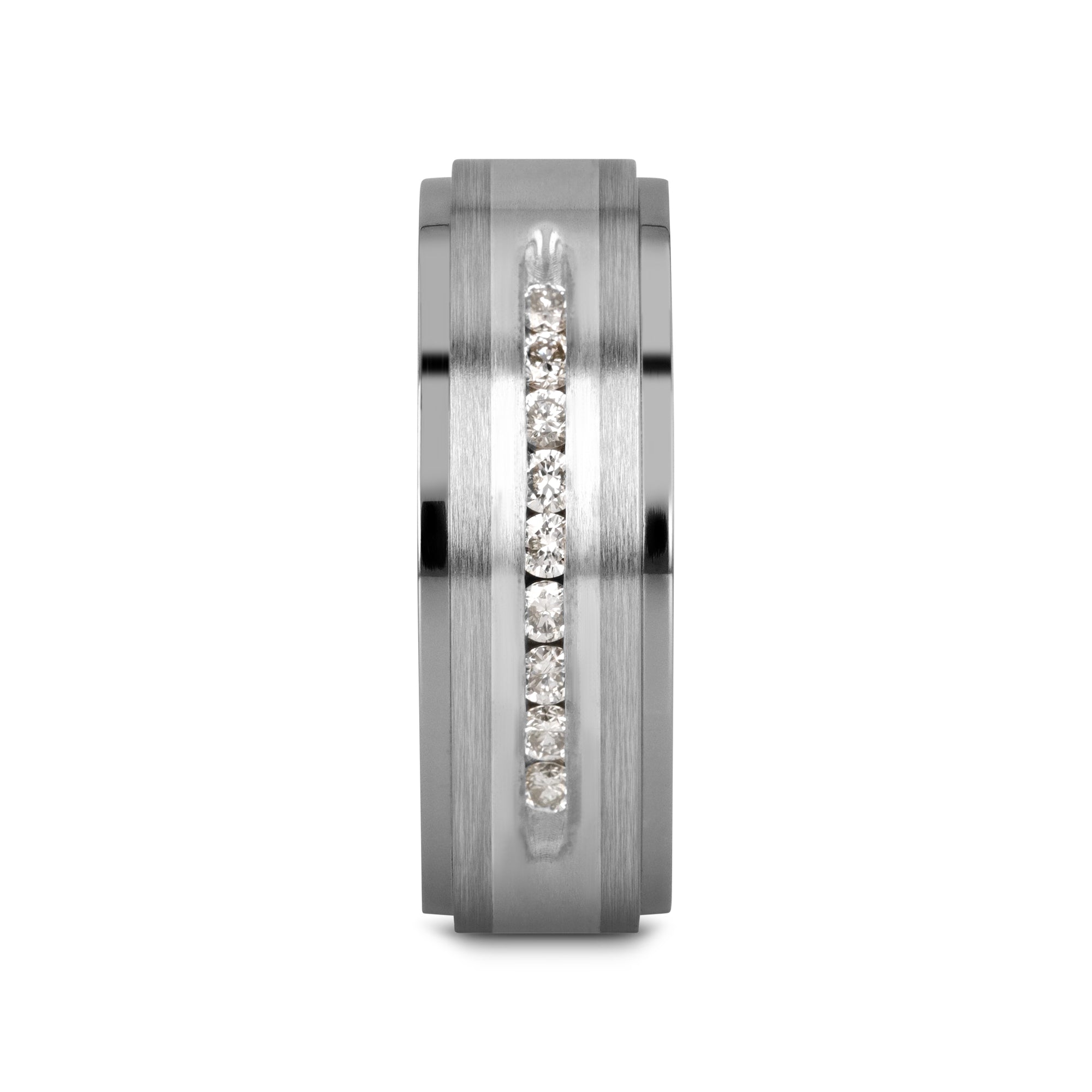BOND Flat Brushed Silver Inlaid Titanium Men's Wedding Band With 9 Channel Set White Diamonds - 8mm