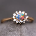 Play of Color Boulder Opal Diamond Halo Engagement Ring 18K Gold