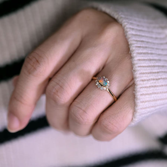 Play of Color Boulder Opal Diamond Halo Engagement Ring 18K Gold