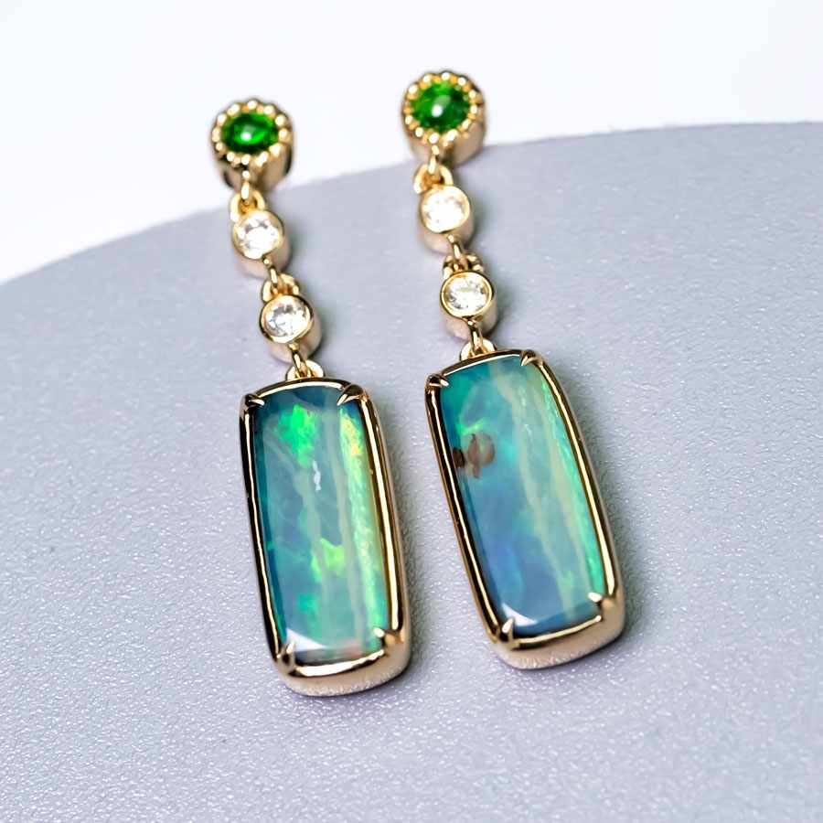 Boulder Opal Diamond Tsavorite Drop Earrings 18k Yellow Gold