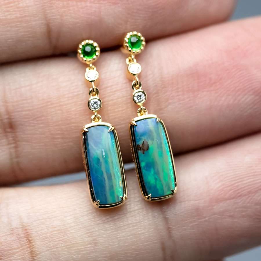 Boulder Opal Diamond Tsavorite Drop Earrings 18k Yellow Gold