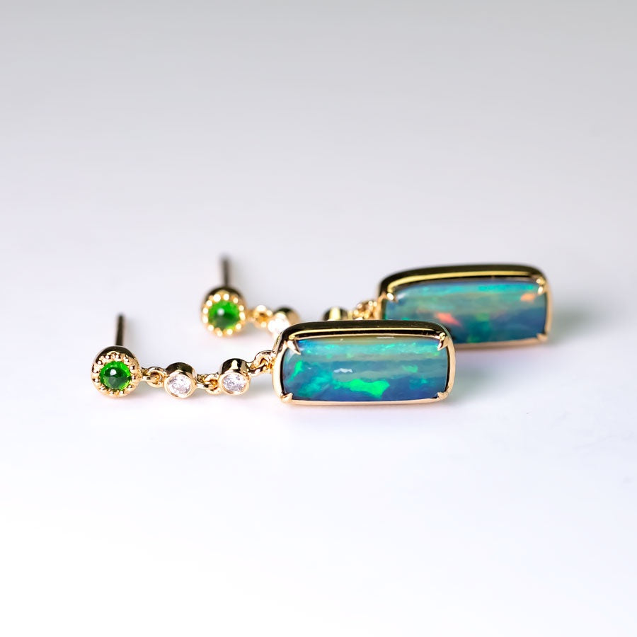 Boulder Opal Diamond Tsavorite Drop Earrings 18k Yellow Gold