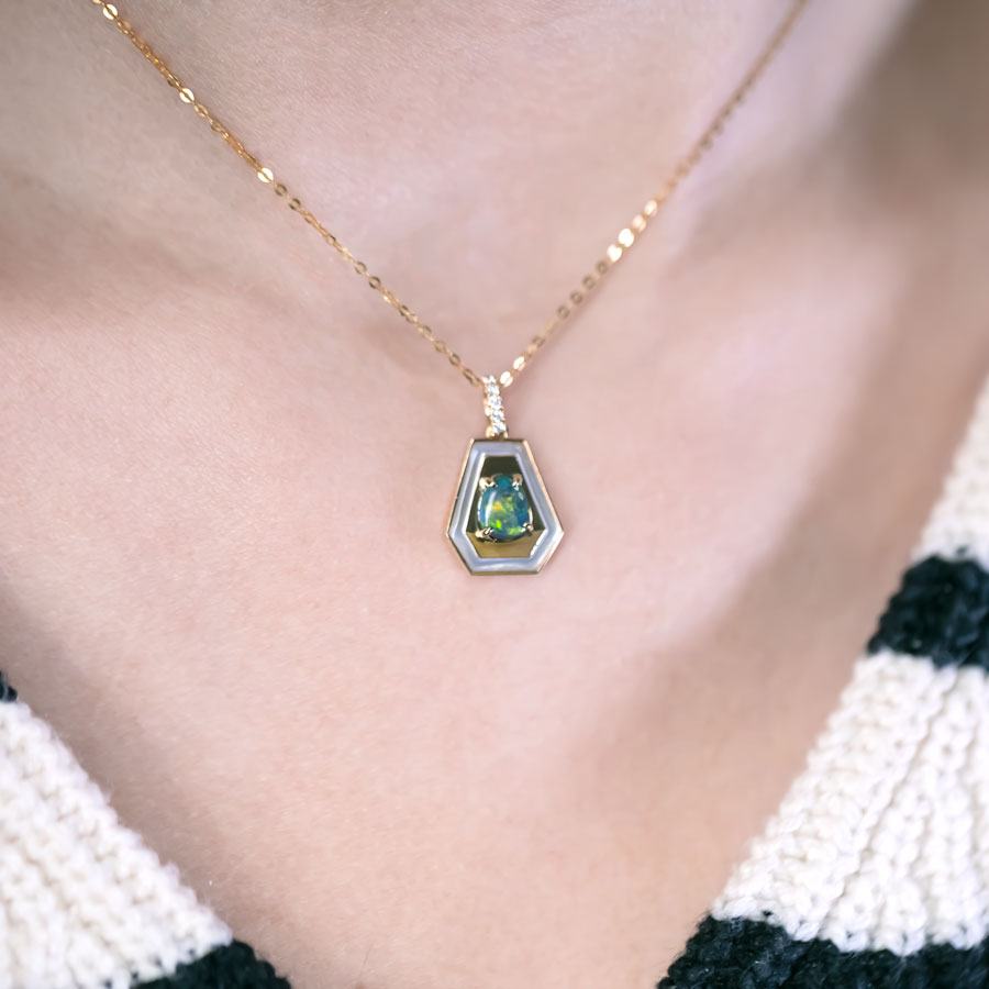 Black Opal Necklace Trapezoid Shaped Pendant 18k Yellow Gold