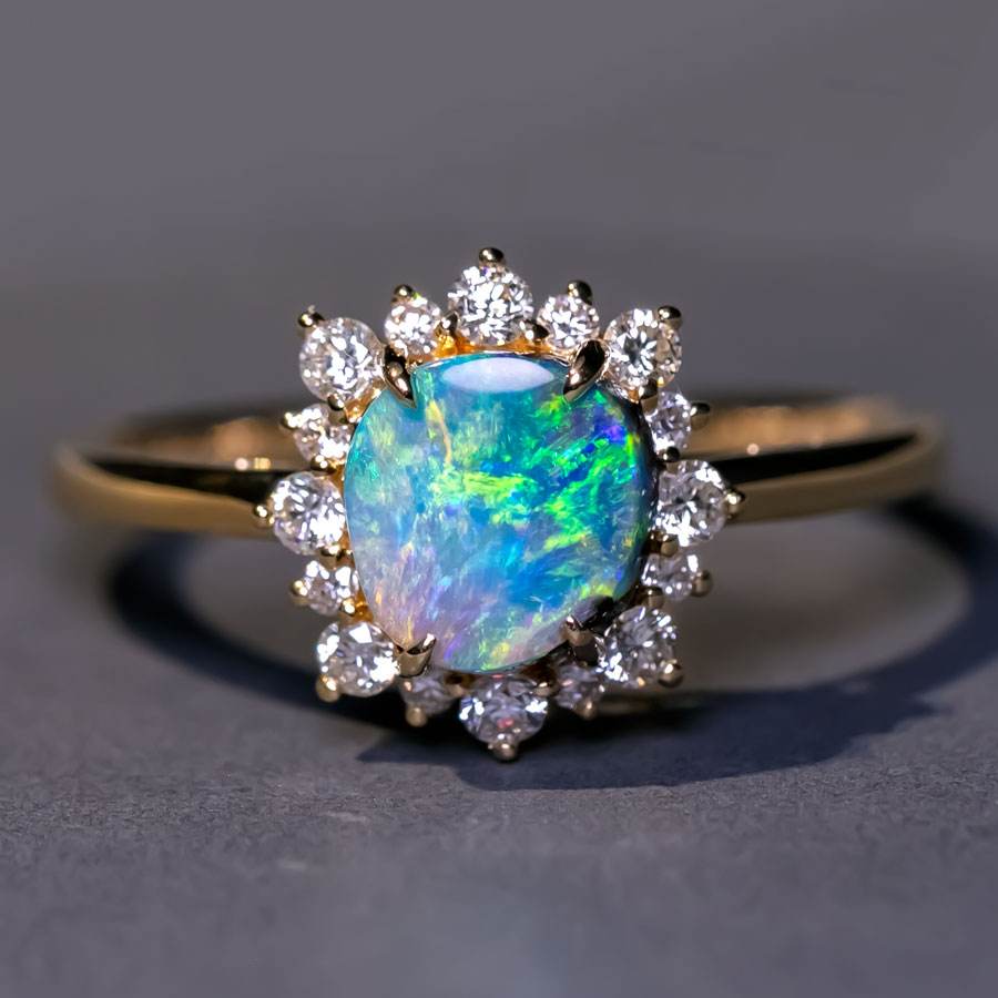Bright Boulder Opal Halo Diamond Engagement Ring 18K Yellow Gold