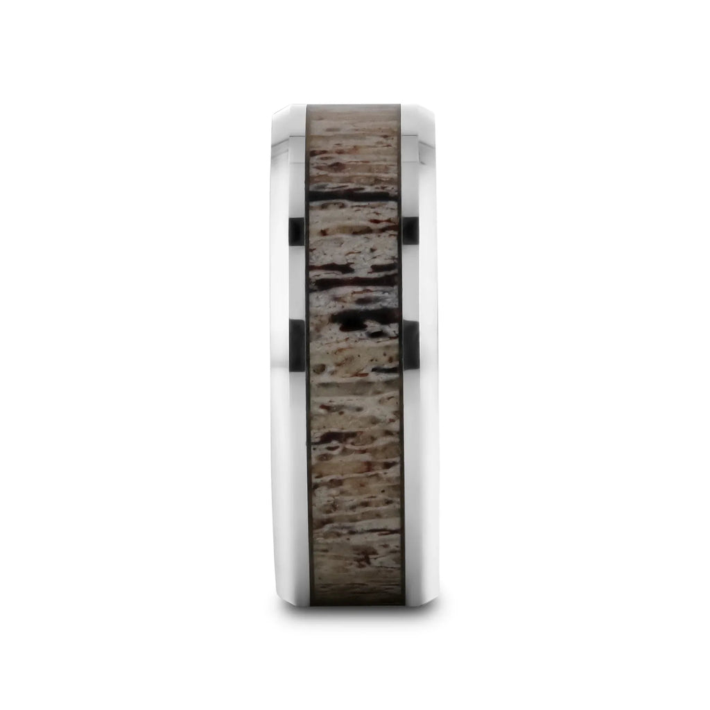 BUCK Polished Beveled Tungsten Carbide Men's Wedding Band with Ombre Deer Antler Inlay - 6mm & 8mm