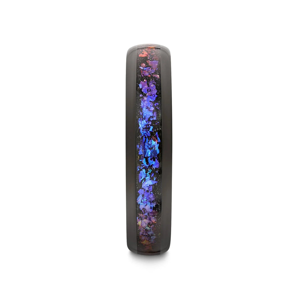 COSMIC Black Tungsten Ring with Crushed Alexandrite and Dark Blue & Purple Crushed Goldstone – 4mm to 8mm