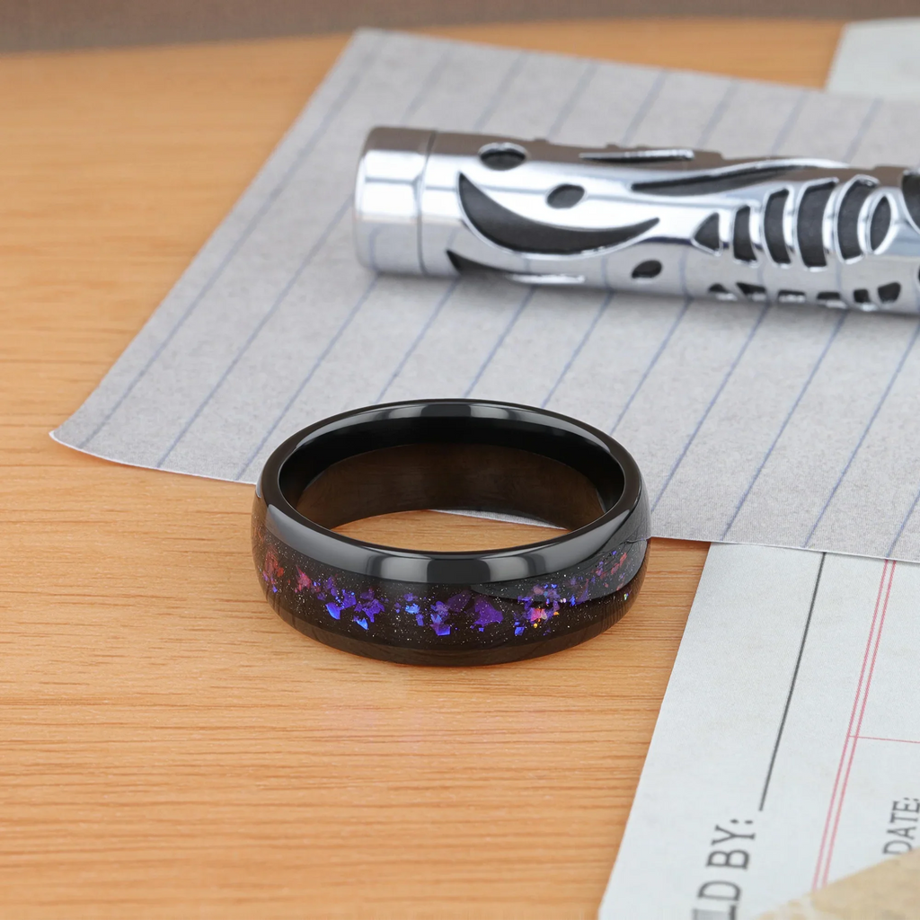 COSMIC Black Tungsten Ring with Crushed Alexandrite and Dark Blue & Purple Crushed Goldstone – 4mm to 8mm